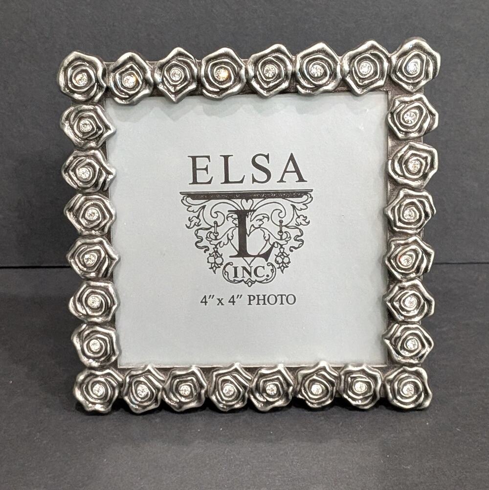 Elsa Mini 4x4" Picture Frame Silver Tone Border Roses with Rhinestones